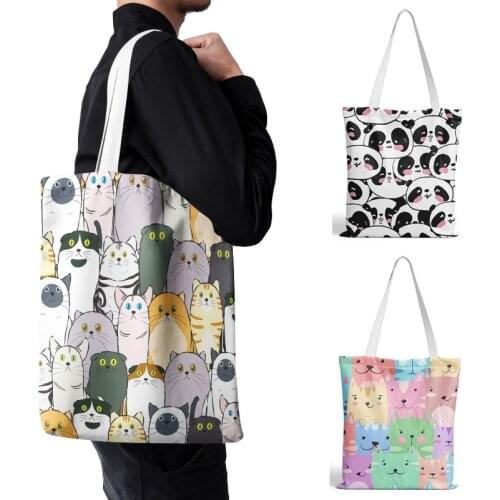 Cartoon Cats Printed Women Shopping Bag Cute Funny Animal Eco Friendly Canvas Portable Storage Pouch Fashion Shoulder Girls Bag