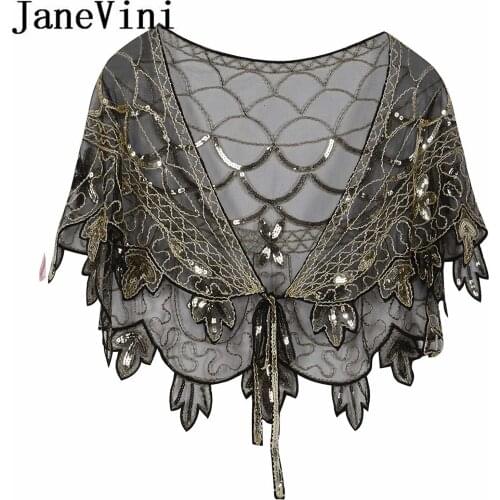 JaneVini 2020 Sparkly Sequined Wedding Jacket Women Bride Cape Beaded Black Gold Bridal Bolero Shoulder Wraps for Evening Party