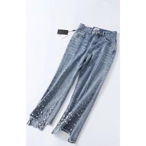 Women 2019 Summer Korean version of the new heavy pearl womens jeans waist pantyhose tide brand