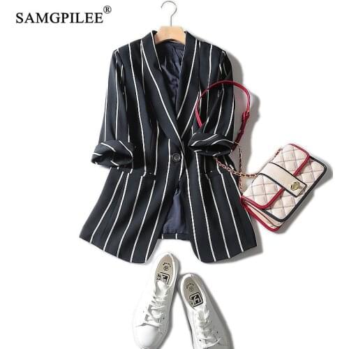Jackets For Women 2021 Blazer Feminino Three Quarter Sleeve Striped Single Button Notched Pockets Casual Oversized Women Jacket