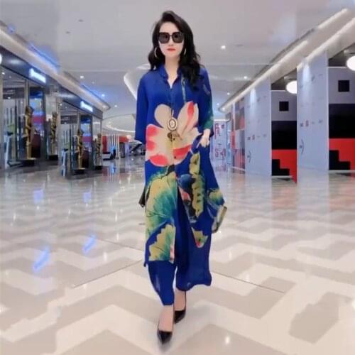 5XL Two Piece Set Women New Fashion Plus Size Printed Long Top Lady Wide-leg Pants Casual Suit 2021 Spring Summer Ensemble Femme