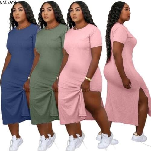 CM.YAYA Women O-neck Short Sleeve Side Slit Midi Dress Stretch Bodycon Bandage Night Street Mid Calf Length Dresses Vestidos