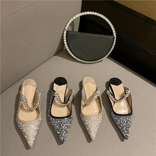 2021 New Fashion Rhinestone Flat Half Slippers Womens Shoes Summer Pointed Shallow Mouth Sandals