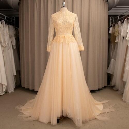 2021 Long Sleeves Lace Wedding Dress Soft Tulle Plus Size Lace Up Appliqued Bridal Gown With Train Real Photos Custom Made #4213