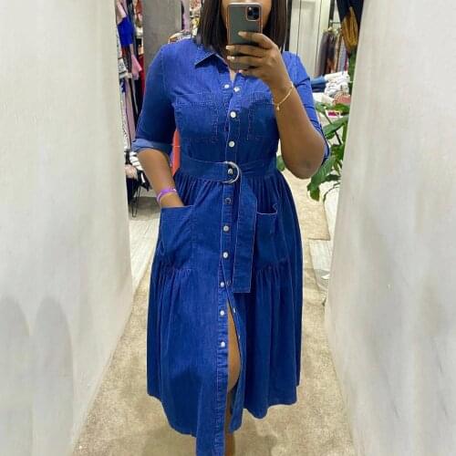 African Jeans Dresses For Women Fashion New Africa Single Breasted A Line High Waist Elegant Official Business Work Office Dress