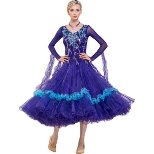 B-16197 Hot Sale Ballroom Dance Dress Standard Competition Costumes Performing Dress Customize Blue Rhinestone clothing