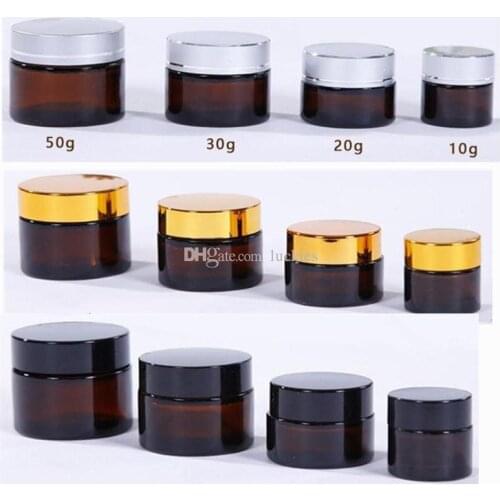 10/20/30/50ml Amber Glass Jars Skin Care Cream Bottle Cosmetic Container with Inner Liners and Gold/silver/black Lid 0328