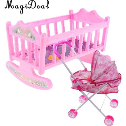 Simulation Pushchair Toy with Baby Doll Stroller and Bed Cradle Kids Nursing Room Play Accessories Kids Gift