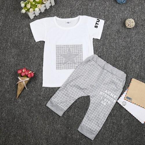 Hooyi Baby Boys Clothes Sets Bebe T-Shirt + Pant Suit Girl Clothing for Infantil Tees Shirts 100% Cotton Newborns Star Grid