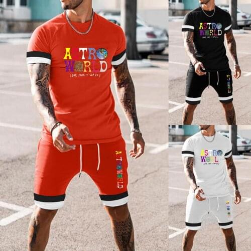 Summer T-shirt suit new mens short sleeve + shorts 2-piece set 3D printing ASTROWORLD leisure sports jogging suit fitness suit
