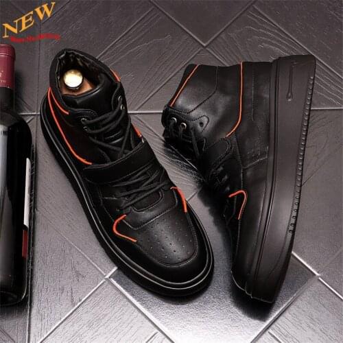 Black Leather Men Casual Shoes Fashion Sneakers Hip Hop high tops Board Shoes Chaussure Homme