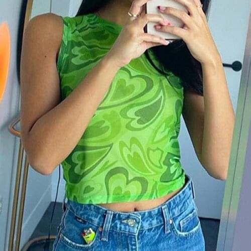 Summer Knit Crop Top Heart Print Slim Women Sleeveless Round Neck T-shirt for Dating Green Streetwear Tank Top Vintage