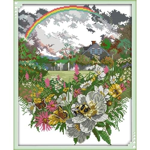 The after rain rainbow flowers cross stitch kit 18ct 14ct 11ct count printed canvas stitching embroidery DIY handmade needlework