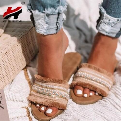 NAN JIU MOUNTAIN Summer Slippers Roman Style 2019 Womens Flat Fringe Embroidery Sequins Sandals Beach Slippers Plus Size 34-43