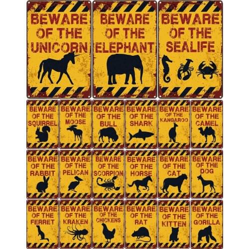 Beware of The Unicorn Vintage Metal Signs for Bar Yard Decoration Animal Poster Elephant Moose Bull Kangaroo Scorpion Gorilla