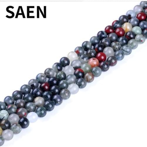 SAEN Natural African Blood Stone RoundBeads 15" Strand 4 6 8 10 12MM Pick Size crystal beads For Jewelry Making