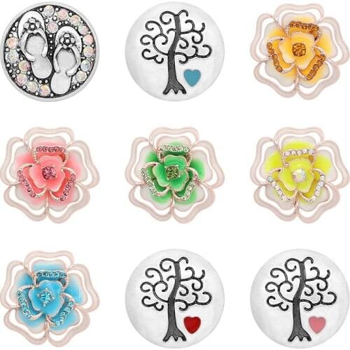 Tree of life Slippers Rhinestone Flower 20mm Metal snap button jewelry DIY bracelet KD1084