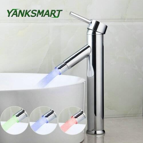 YANKSMART LED Light temp. Sensor Chrome Bathroom 1 Handle Deck Mounted Wash Basin Sink Vessel Banheiro Torneira Mixer Tap Faucet