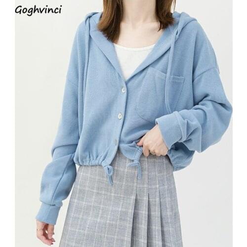 Loose Casual Hoodies Women Spring Hooded Solid Fashion All-match Sweatshirts Female Single Breasted Pockets Drawstring Korean