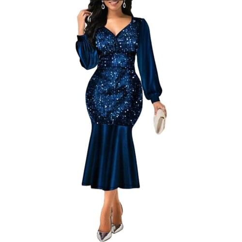 Woman Dress 2021 NEW Spring Vintage Sexy V Neck Sequines Long Party Dress Casual Plus Size High Waist Slim Mermaid Dresses 5XL