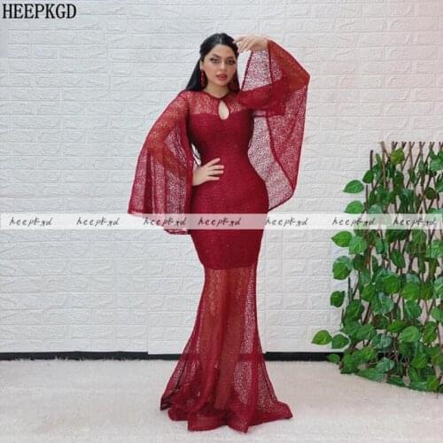 New Arrival Burgundy Long Evening Dress With Flared Sleeve Mermaid Illusion Beading Dubai Prom Gown Customize Women Formal Dress