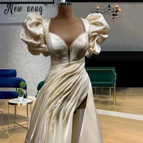 Pearls Square Neck Evening Dresses Saudi Arabic Lantern Sleeve Party Gowns Chic Longue Robes Women вечернее платье