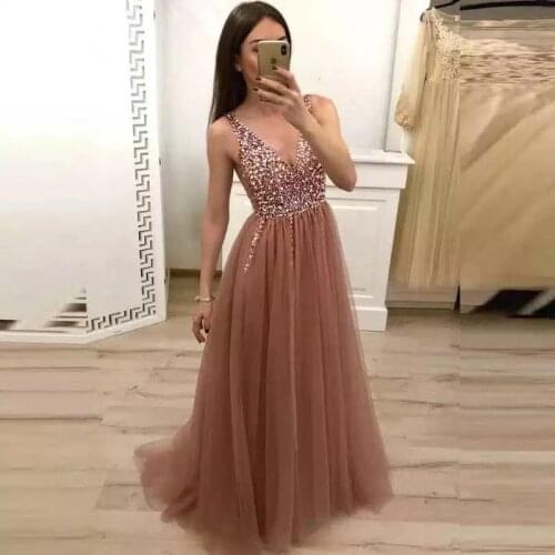 ANGELSBRIDEP V-Neck Long Evening Party Dresses Vestidos de festa Sparkly Beaded Floor-Length Special Occsion Prom Dress Custom