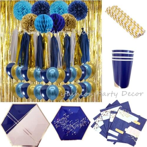 Gold Blue Paper Plates Paper Straws Napkins Decoupage Disposable Tableware Party Supplies Birthday Party Decorations Kids Adults