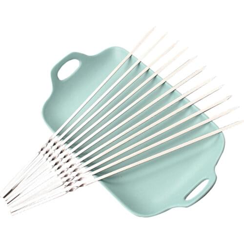 10pcs Reusable Flat Stainless Steel Barbecue Skewers Bbq Needle Stick For Outdoor Camping Picnic & Cooking Tools