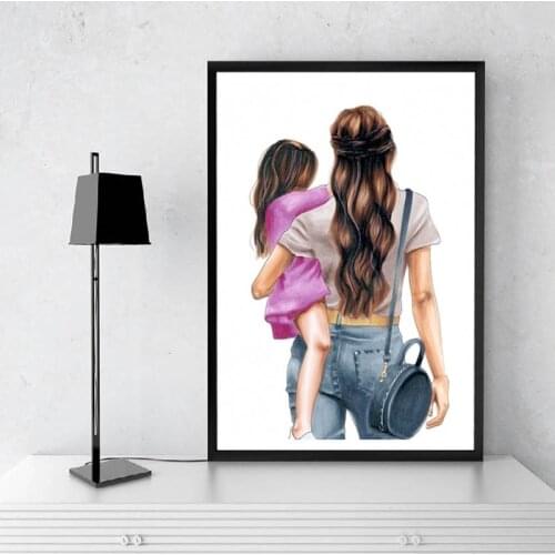 Abstract Wall Art Fashion Mom and Daughter Canvas Posters Prints Watercolor Portrait Painting for Living Room Bedroom Decoration