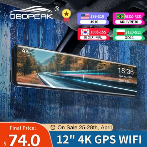 OBDPEAK H6 12" Car DVR 4K 3840*2160P Dash Cam WIFI GPS Sony IMX415 Rear View Mirror 1080P Car Camera Video Recorder Park Monitor