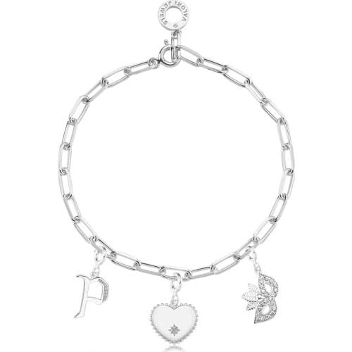 Valori Jewels Letter And Heart And Mask, Zirconia Gemstone, Rhodium Plated, Sterling Silver Charm Bracelet
