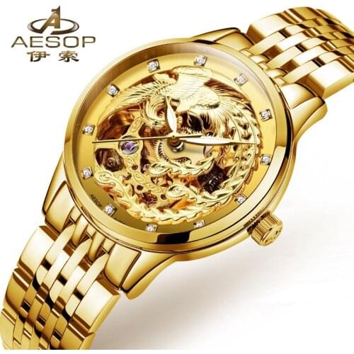 LuxuryAESOP gold watch women skeleton Stainless steel Automatic mechanical Sapphire leather waterproof watch relogio feminine