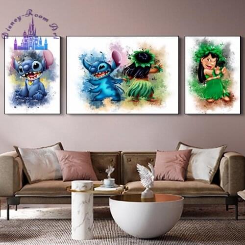 Disney Prints Lilo and Stitch Watercolor Prints Canvas Painting Decor for Kids Babyroom Wall Art Canvas Cartoon Gift Decoration