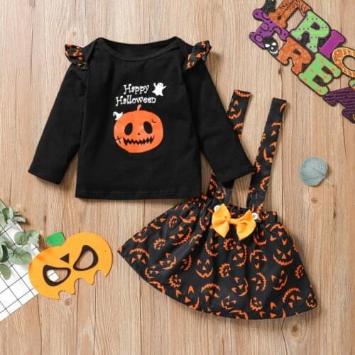 Girls Pumpkin Print Clothes Set, Letter Print Long Sleeve O-neck T-shirt+Suspender Skirt with Bow-knot Spring Autumn