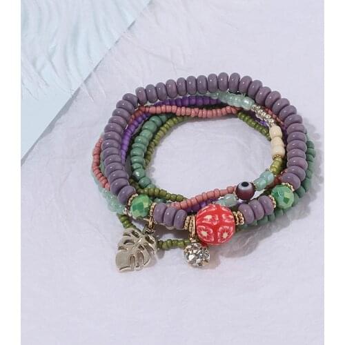 HANJING Bohemia Ethnic Multilayer Beads Bracelet & Bangle For Women Alloy Leaf Charm Wrap Bracelet Set Jewelry Femme Gift