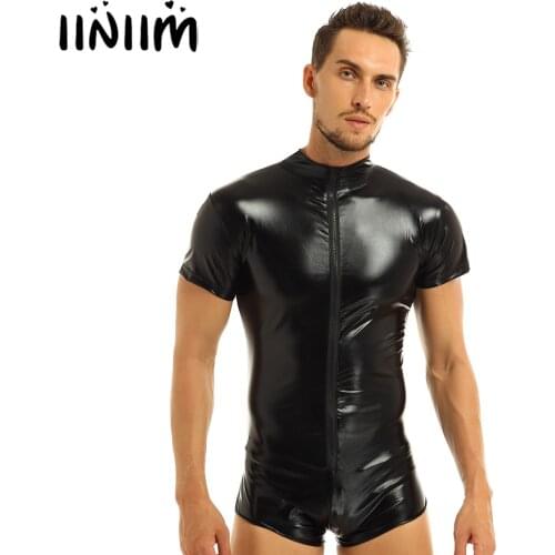 Iiniim Mens Lingerie Bodystocking Patent Leather Body Suit Zipper Leotard Bodysuit Underwear Eye-catching Clubwear Clothing