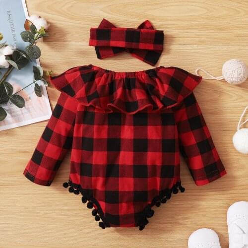 Baby Girls Two-piece Clothes Set, Plaid Printed Pattern Long Sleeve Romper and Headdress, White/ Red