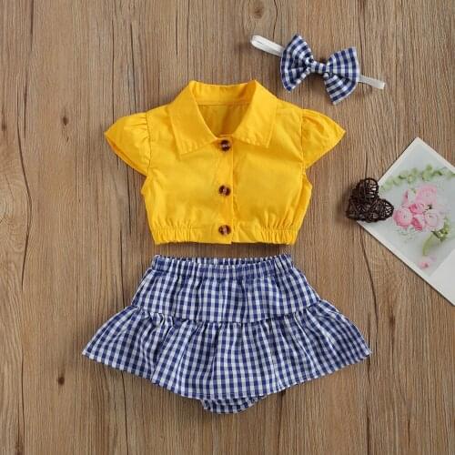 Newborn Baby Girl Three Pieces Set Solid Color Shirt Tops+Plaid Skirt Shorts +Hair Band for Infants