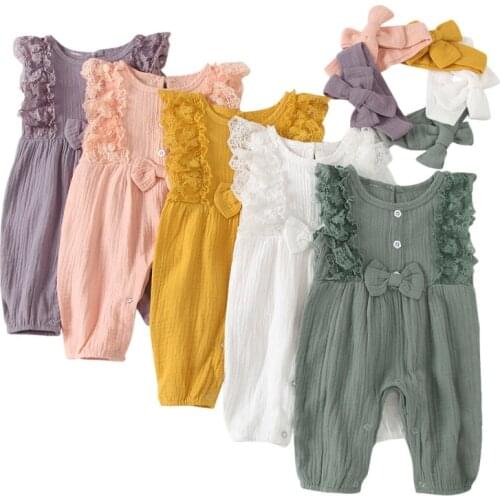 2Pcs Summer Newborn Baby Girl Cotton Linen Romper Lace Bow Jumpsuit Headband Instagramabl Infant Playsuit Clothe
