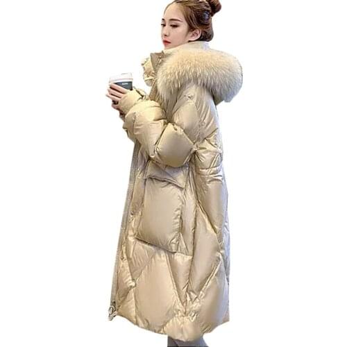 2021 New Winter No Wash Glossy Down Cotton Jacket Womens Korean Long Warm Cotton Jackets Loose Hooded Fur Collar Parka Overcoat
