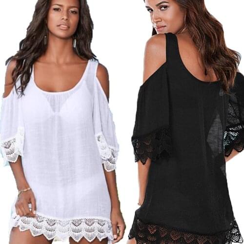 Summer Women Bikini Cover Ups Solid Color Lace Crochet Swimsuit Tops Cold Shoulder Ladies Loose Swimwear Covers Bathing Suit