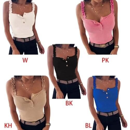 Women Summer Sleeveless Bodycon Tank Top Sexy Ruffles Lace Strap Sling Vest Ribbed Knitted Button Front Solid Basic Streetwear