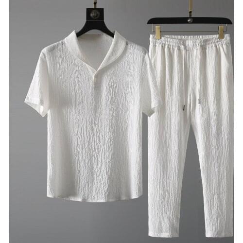 2021 new cotton hemp casual suit mens summer thin style high end fashion short sleeve T-shirt pants trend luxury