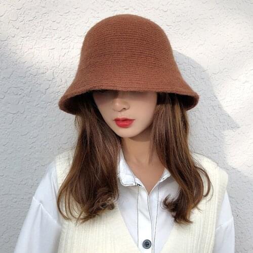 2021 New Women Solid Color Wool Bucket Hat Drawstring Fisherman Vintage Knitted Basin Cap