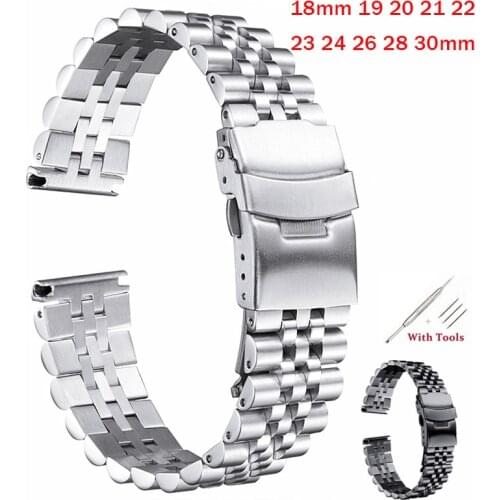 Solid Stainless Steel Watch Band 18 19 20 21 22 23 24 26 28 30mm Straps With Pins Double insurance Buckle Watches Accessories