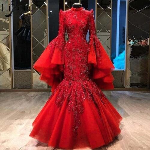 Luxury Heavy Beading Mermaid Prom Dresses 2021 Long Arabic Muslim Formal Wedding Bride Dress High Neck Long Sleeve Evening Gowns