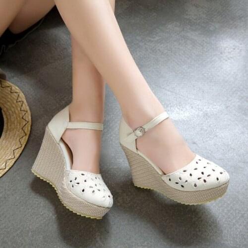 Spring Autumn new Round head Wedge heel Single shoes Hollow flowers High heels sweet Womens shoes high 9.5cm plus size 34-43
