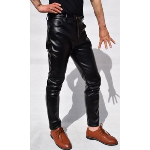 Slim straight fashion motorcycle leather pants men faux leather tight trousers pantalones hombre black thermal high quality