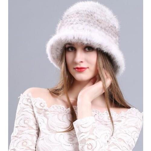 IANLAN Luxury Womens Mink Fur Bucket Hats Casual Girls Real Fur Hats Flower Adornment Ladies Knitted Mink Fur Caps IL00213